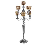 Kandelaar 9-armig zilver, met berkentakvaasjes, hoogte 115 cm. Kandelaar 9-armig zilver, met berkentakvaasjes, hoogte 115 cm.