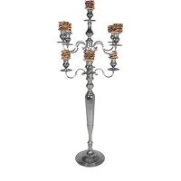 Kandelaar 9-armig zilver, met berkentakvaasjes, hoogte 186 cm. Kandelaar 9-armig zilver, met berkentakvaasjes, hoogte 186 cm.