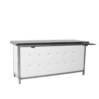 Knopenbuffet wit, met RVS blad en dienbladrail Knopenbuffet wit, met RVS blad en dienbladrail